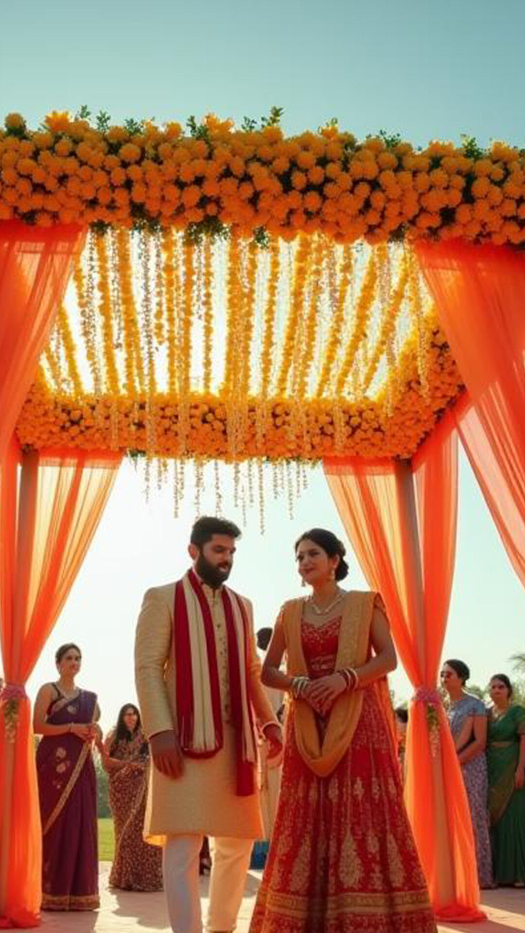 Indian bride and groom under vibrant orange marigold mandap during wedding ceremony with family in background.
